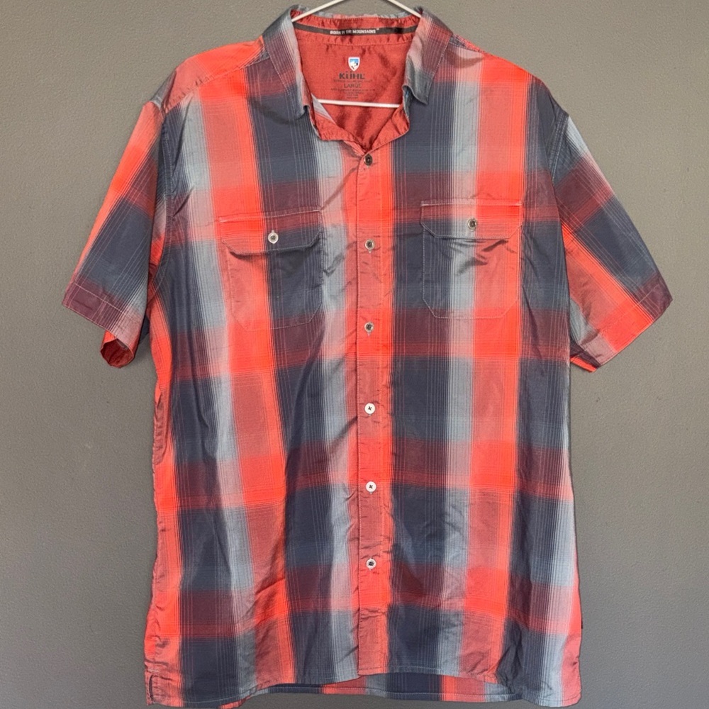 Kuhl large Men’s Short-Sleeve red & Gray Plaid Button-Up Shirt